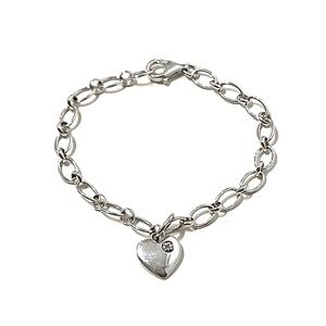 Sterling Silver 925 Link Bracelet Diamond Heart Charm 6”